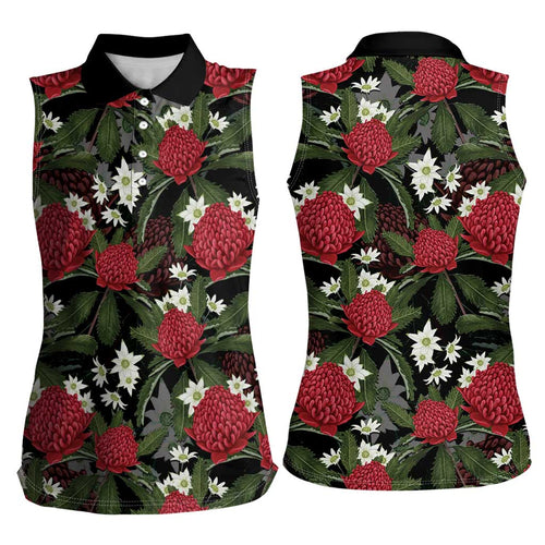 Australia Waratah Flannel Flower Women Sleeveless Polo Shirt Aussie Native Flowers Seamless Stylized - Aussie Hoodie