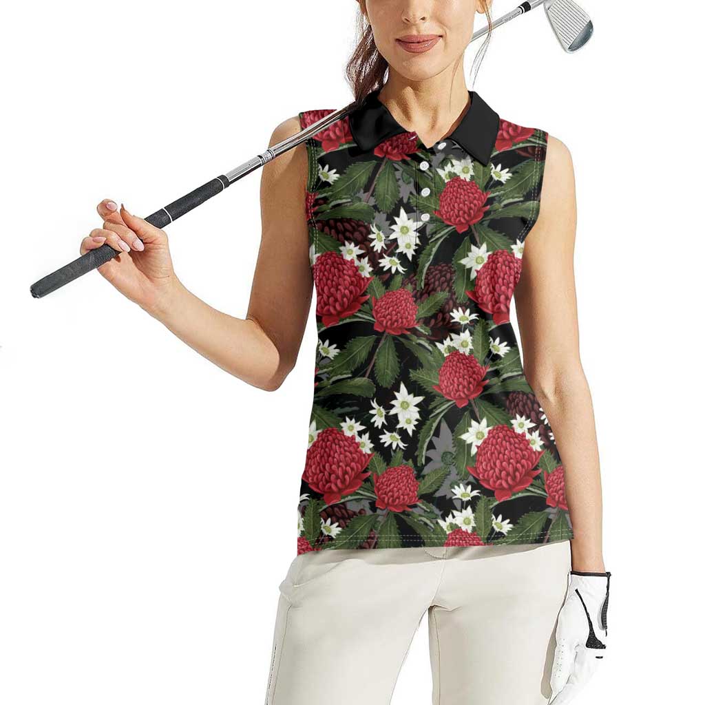 Australia Waratah Flannel Flower Women Sleeveless Polo Shirt Aussie Native Flowers Seamless Stylized - Aussie Hoodie