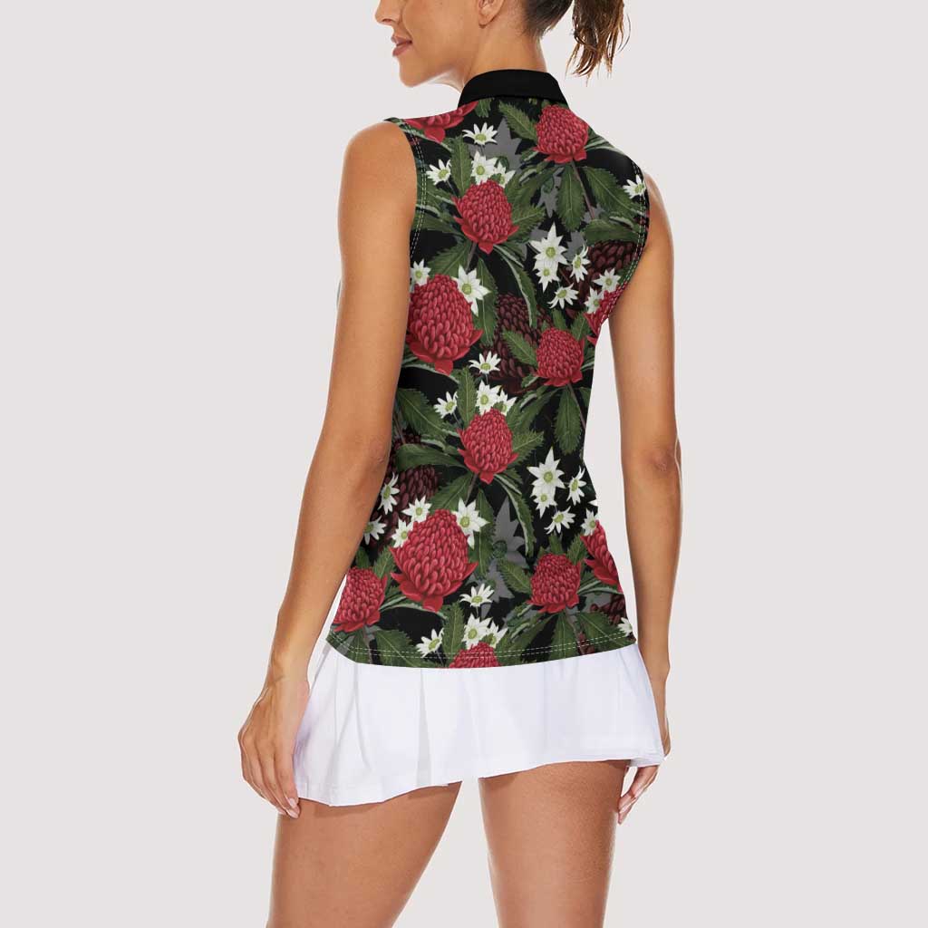 Australia Waratah Flannel Flower Women Sleeveless Polo Shirt Aussie Native Flowers Seamless Stylized - Aussie Hoodie