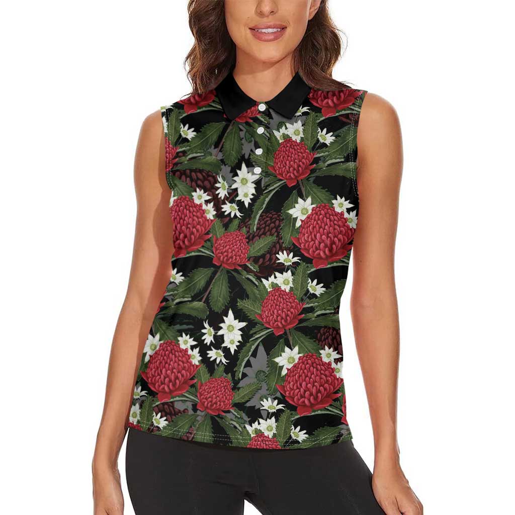 Australia Waratah Flannel Flower Women Sleeveless Polo Shirt Aussie Native Flowers Seamless Stylized - Aussie Hoodie