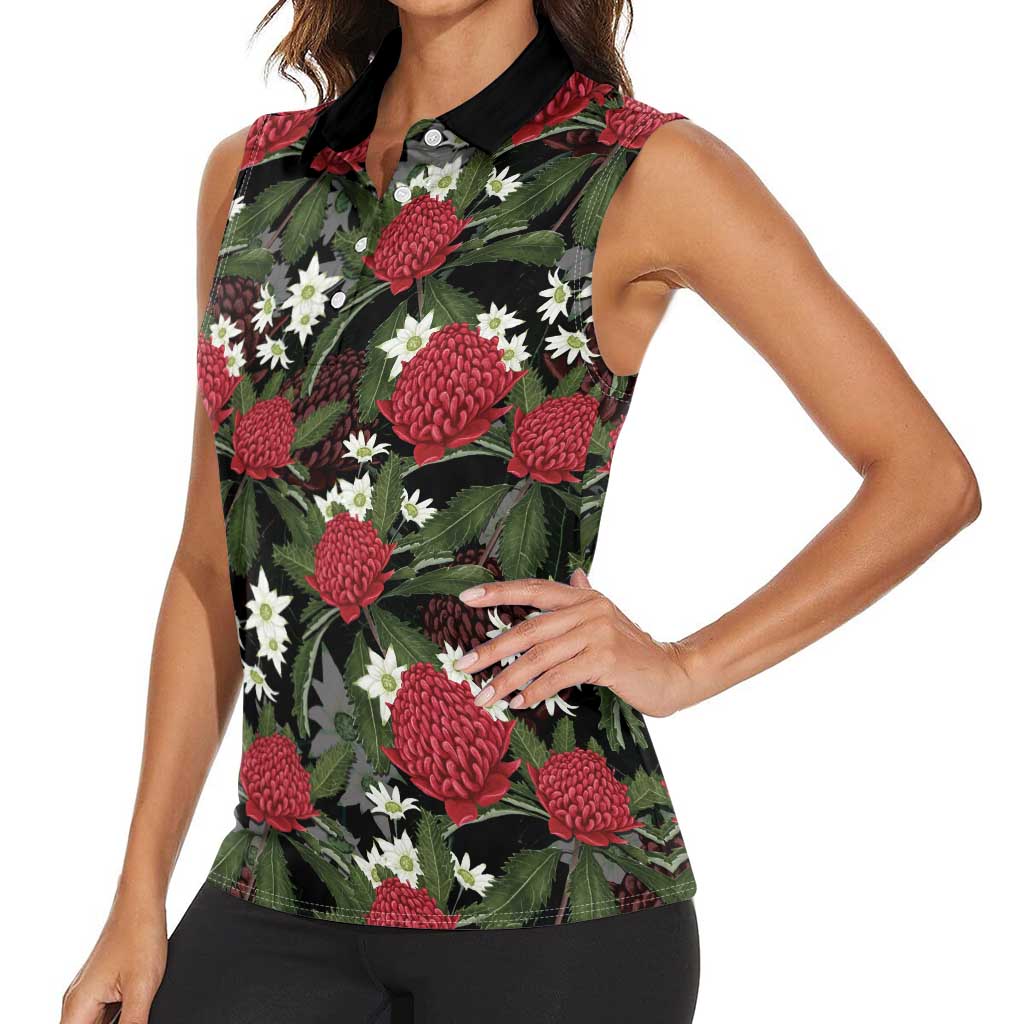 Australia Waratah Flannel Flower Women Sleeveless Polo Shirt Aussie Native Flowers Seamless Stylized - Aussie Hoodie