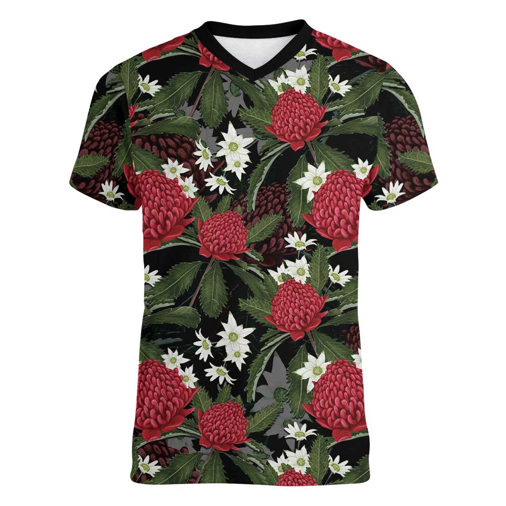Australia Waratah Flannel Flower Women V-Neck T-Shirt Aussie Native Flowers Seamless Stylized - Aussie Hoodie