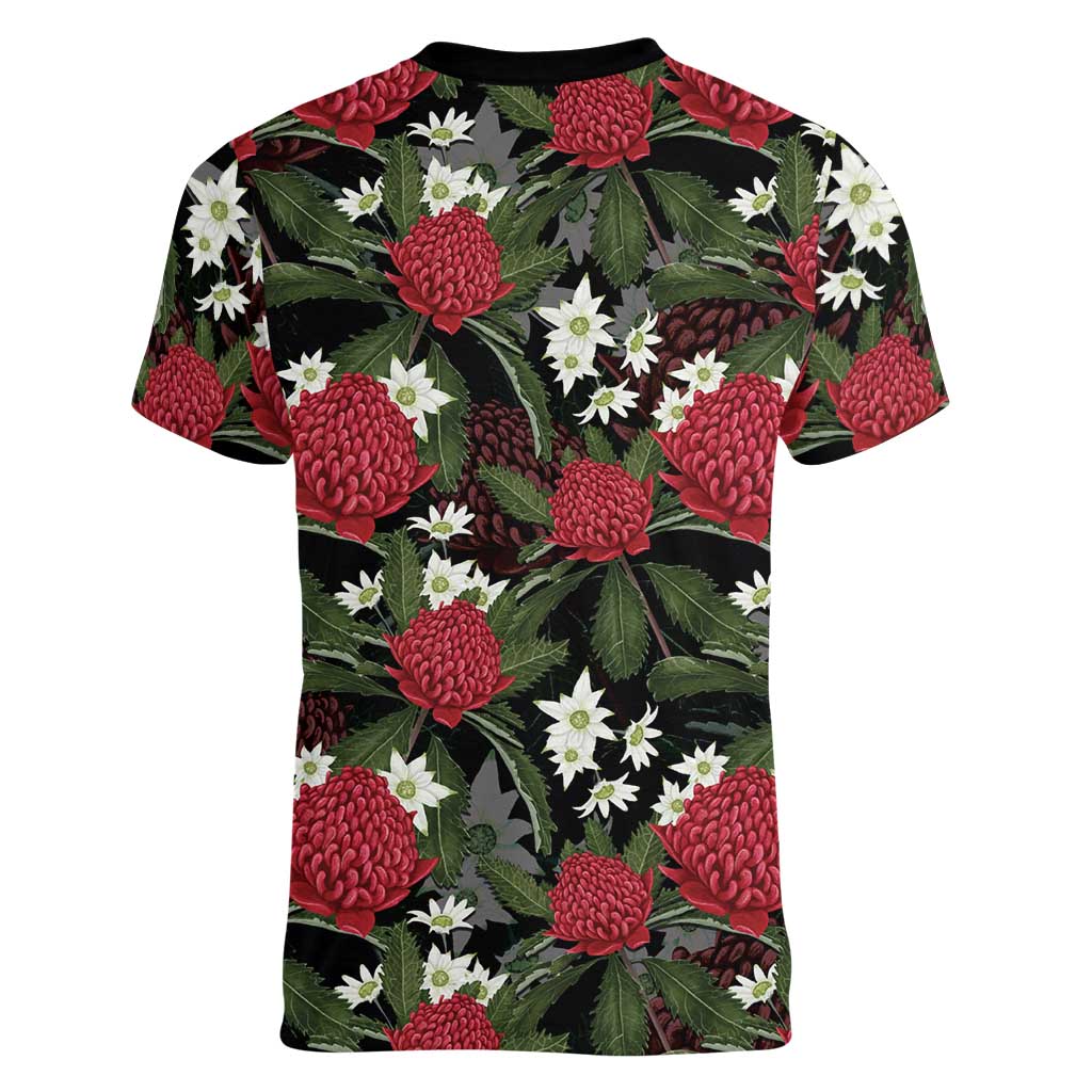 Australia Waratah Flannel Flower Women V-Neck T-Shirt Aussie Native Flowers Seamless Stylized - Aussie Hoodie