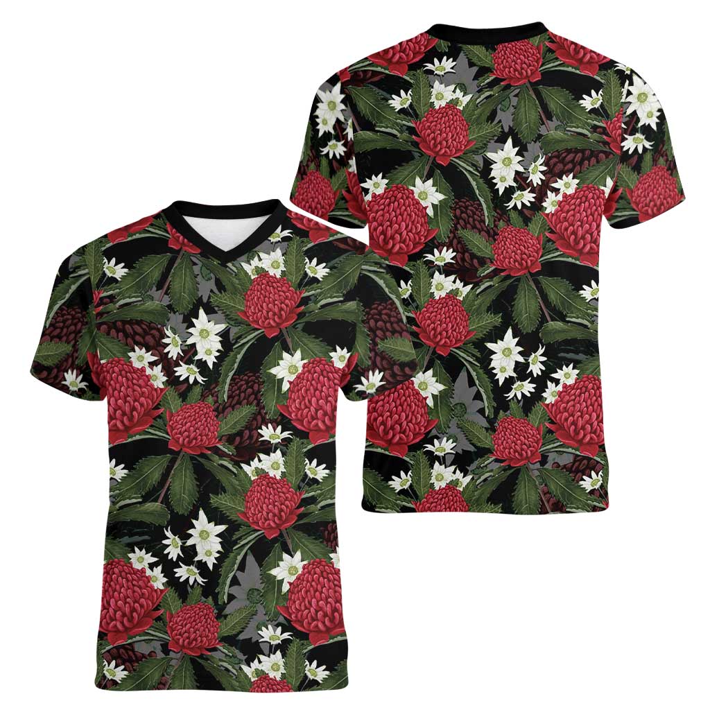 Australia Waratah Flannel Flower Women V-Neck T-Shirt Aussie Native Flowers Seamless Stylized - Aussie Hoodie