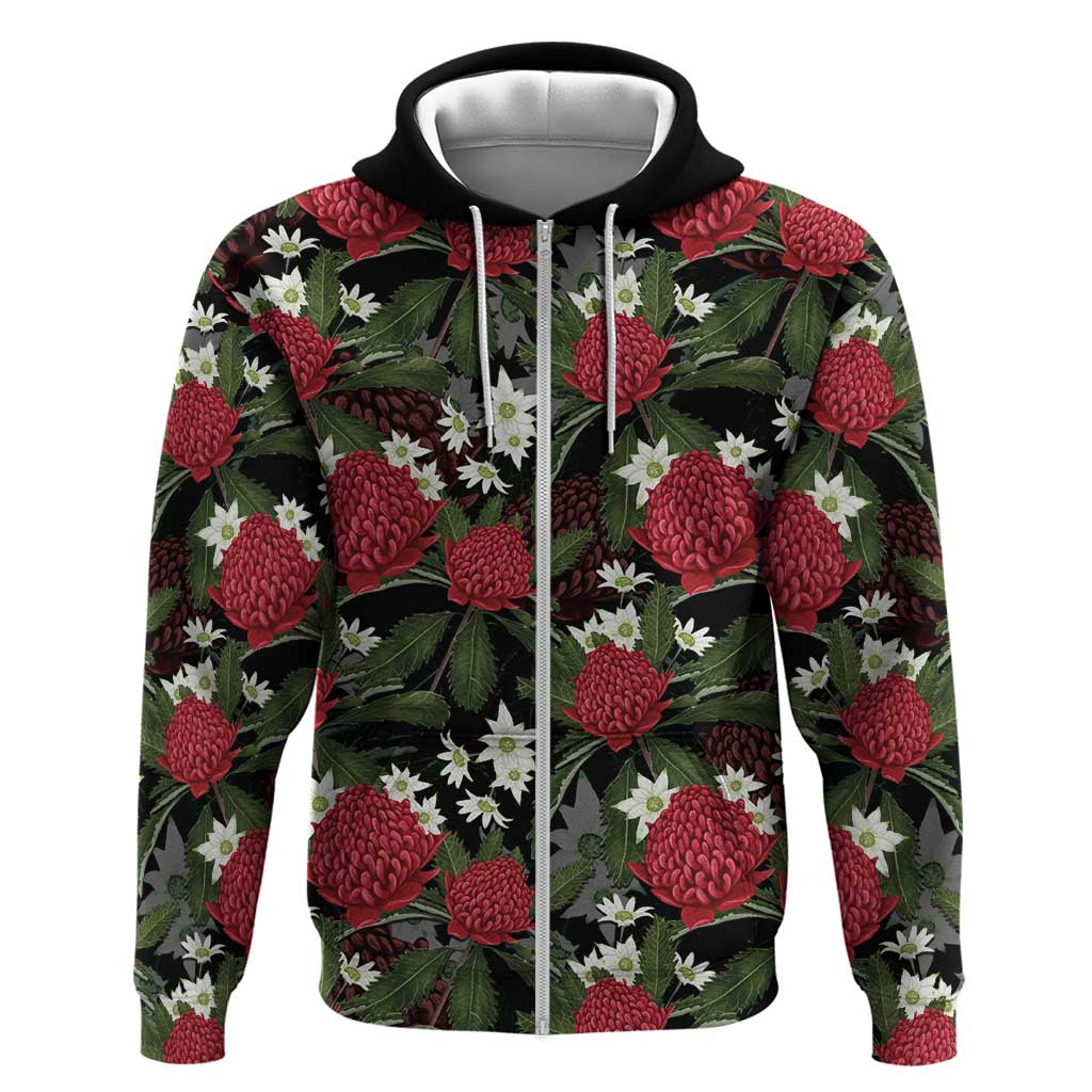 Australia Waratah Flannel Flower Zip Hoodie Aussie Native Flowers Seamless Stylized - Aussie Hoodie