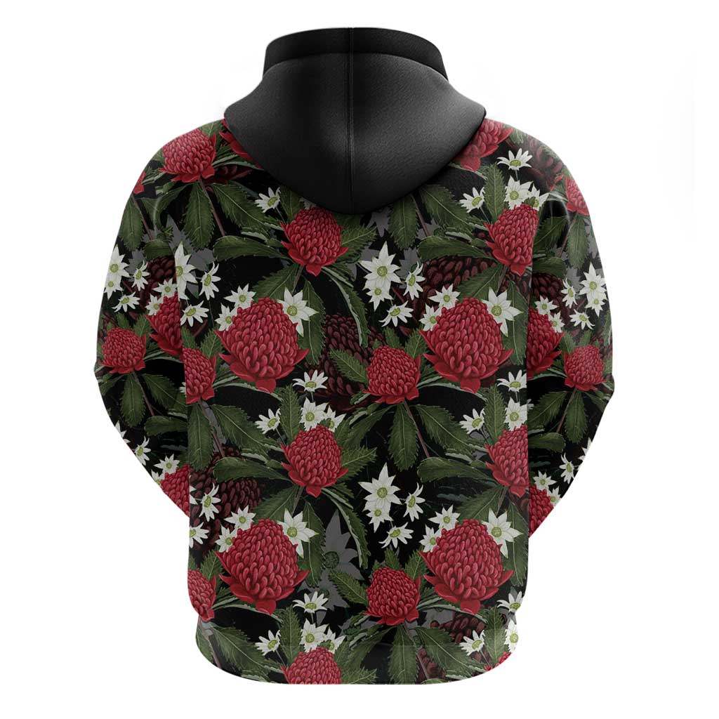 Australia Waratah Flannel Flower Zip Hoodie Aussie Native Flowers Seamless Stylized - Aussie Hoodie