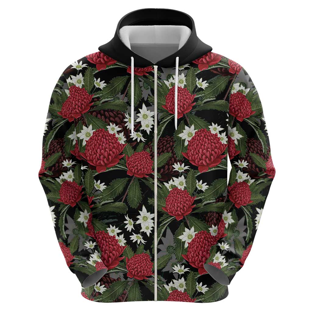 Australia Waratah Flannel Flower Zip Hoodie Aussie Native Flowers Seamless Stylized - Aussie Hoodie