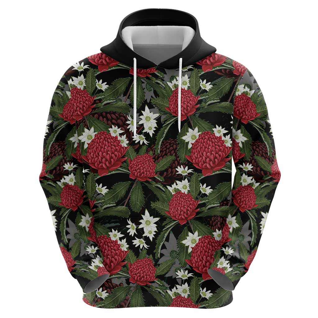 Australia Waratah Flannel Flower Zip Hoodie Aussie Native Flowers Seamless Stylized - Aussie Hoodie