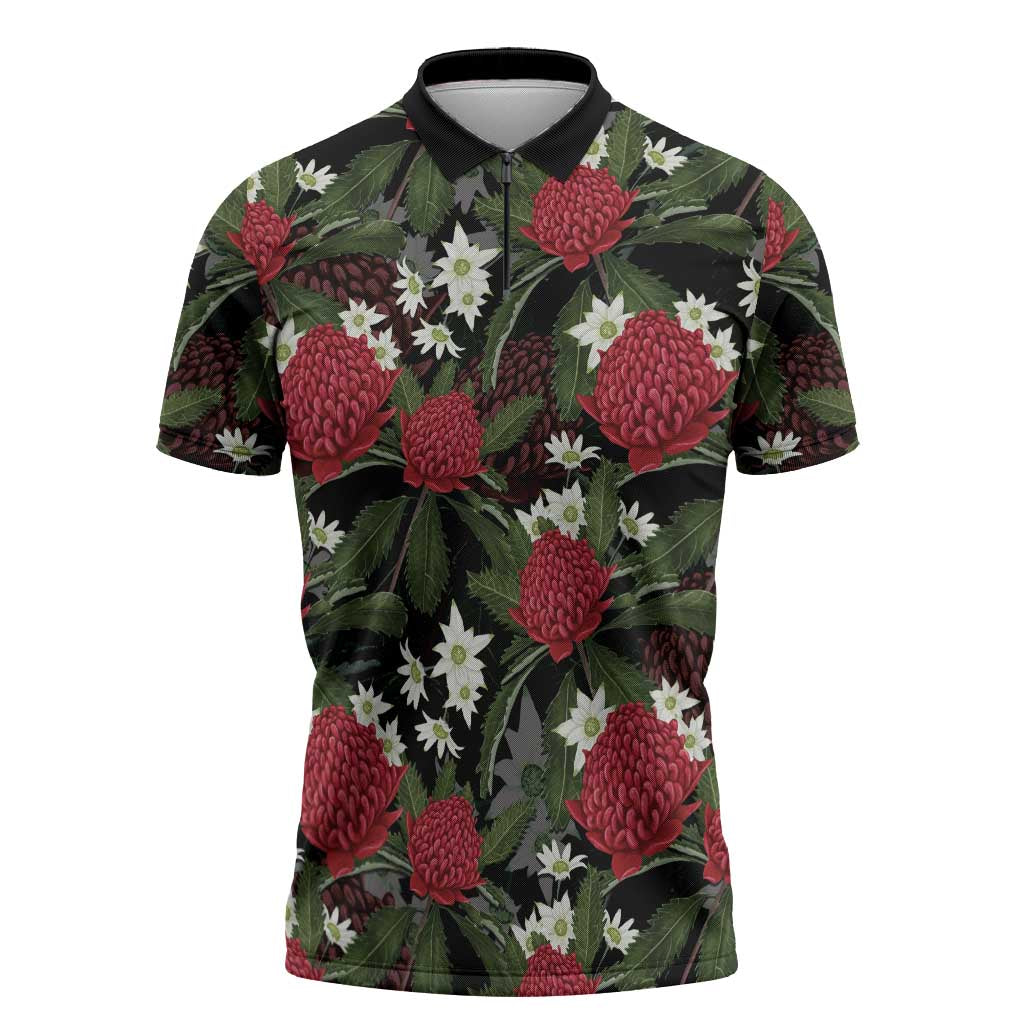 Australia Waratah Flannel Flower Zipper Polo Shirt Aussie Native Flowers Seamless Stylized - Aussie Hoodie