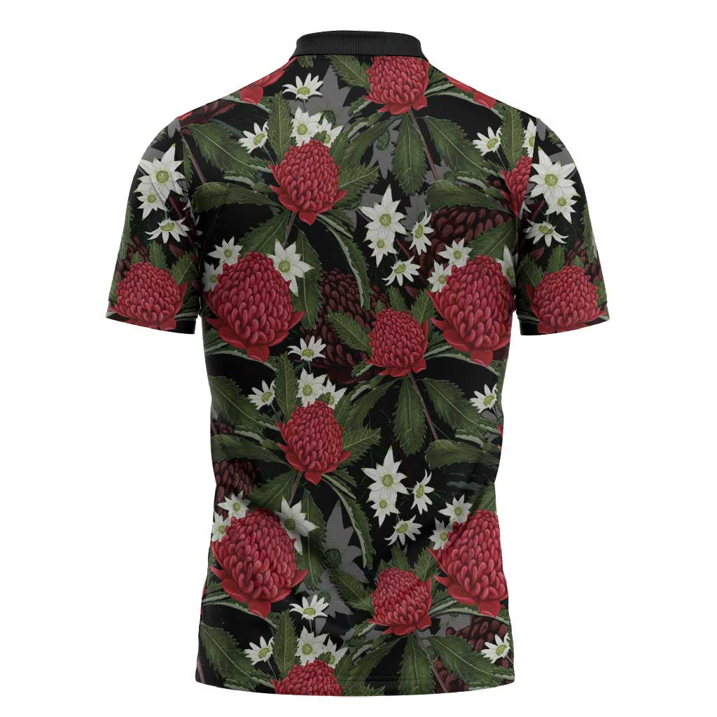 Australia Waratah Flannel Flower Zipper Polo Shirt Aussie Native Flowers Seamless Stylized - Aussie Hoodie