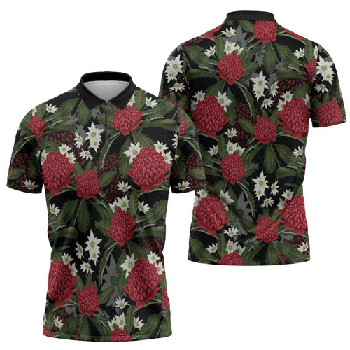 Australia Waratah Flannel Flower Zipper Polo Shirt Aussie Native Flowers Seamless Stylized - Aussie Hoodie