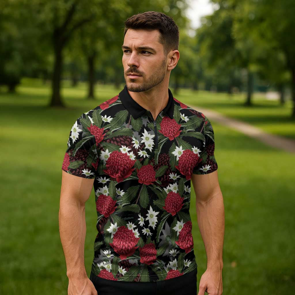 Australia Waratah Flannel Flower Zipper Polo Shirt Aussie Native Flowers Seamless Stylized - Aussie Hoodie
