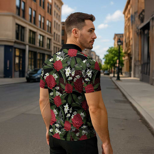 Australia Waratah Flannel Flower Zipper Polo Shirt Aussie Native Flowers Seamless Stylized - Aussie Hoodie