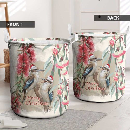 Australia Kookaburra Christmas Laundry Basket Bottlebrush Eucalyptus Blossoms Watercolor - Aussie Hoodie