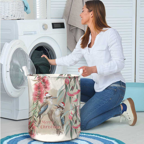 Australia Kookaburra Christmas Laundry Basket Bottlebrush Eucalyptus Blossoms Watercolor - Aussie Hoodie