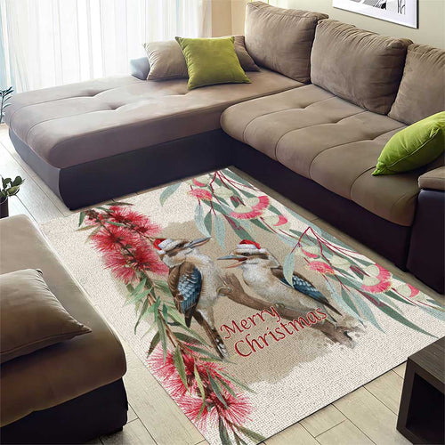 Australia Kookaburra Christmas Area Rug Bottlebrush Eucalyptus Blossoms Watercolor - Aussie Hoodie