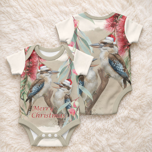 Australia Kookaburra Christmas Baby Onesie Bottlebrush Eucalyptus Blossoms Watercolor
