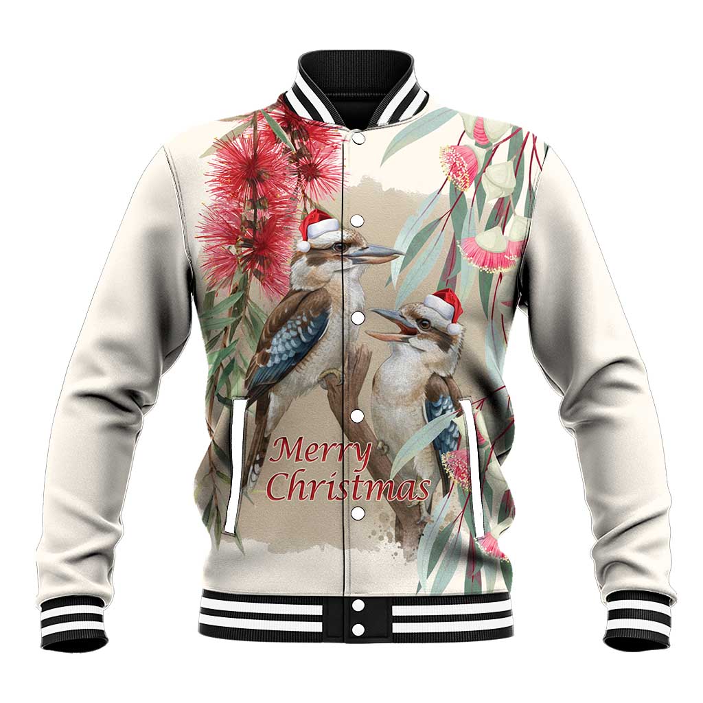 Australia Kookaburra Christmas Baseball Jacket Bottlebrush Eucalyptus Blossoms Watercolor - Aussie Hoodie
