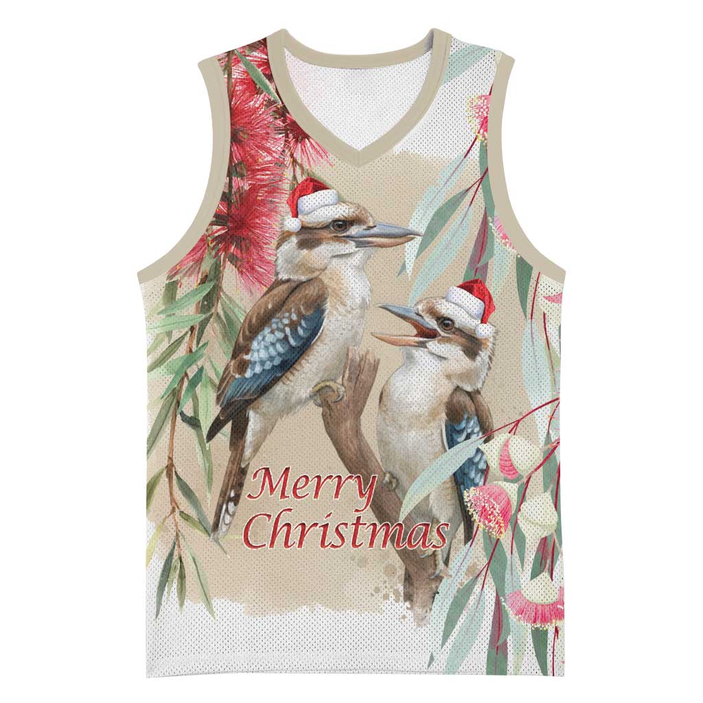 Australia Kookaburra Christmas Basketball Jersey Bottlebrush Eucalyptus Blossoms Watercolor - Aussie Hoodie