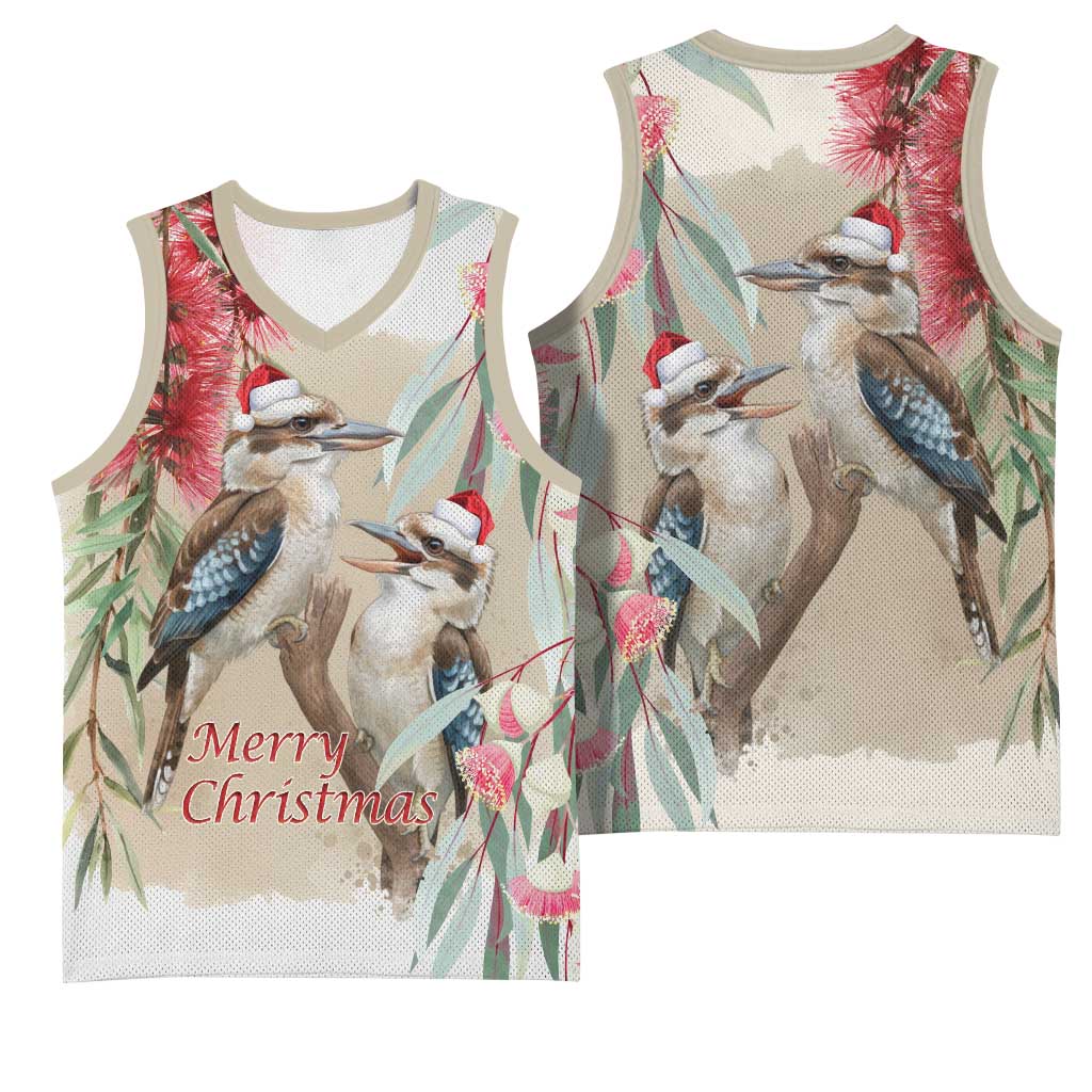 Australia Kookaburra Christmas Basketball Jersey Bottlebrush Eucalyptus Blossoms Watercolor - Aussie Hoodie