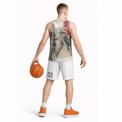Australia Kookaburra Christmas Basketball Jersey Bottlebrush Eucalyptus Blossoms Watercolor - Aussie Hoodie