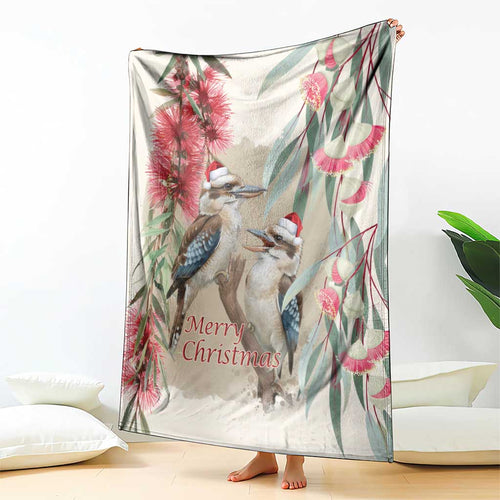 Australia Kookaburra Christmas Blanket Bottlebrush Eucalyptus Blossoms Watercolor - Aussie Hoodie
