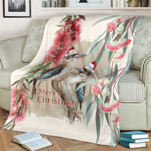 Australia Kookaburra Christmas Blanket Bottlebrush Eucalyptus Blossoms Watercolor - Aussie Hoodie