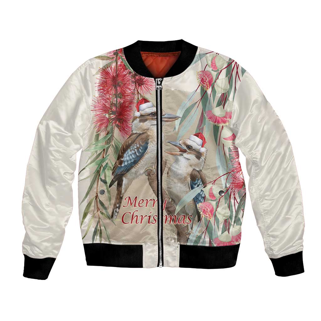Australia Kookaburra Christmas Bomber Jacket Bottlebrush Eucalyptus Blossoms Watercolor - Aussie Hoodie