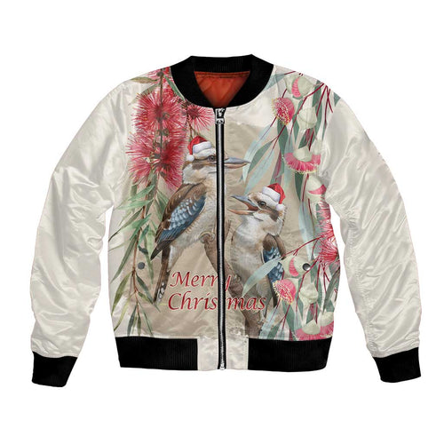 Australia Kookaburra Christmas Bomber Jacket Bottlebrush Eucalyptus Blossoms Watercolor - Aussie Hoodie