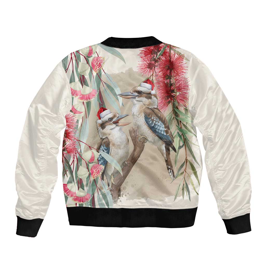 Australia Kookaburra Christmas Bomber Jacket Bottlebrush Eucalyptus Blossoms Watercolor - Aussie Hoodie