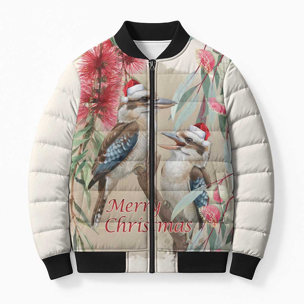 Australia Kookaburra Christmas Bomber Puffer Jacket Bottlebrush Eucalyptus Blossoms Watercolor - Aussie Hoodie