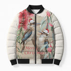 Australia Kookaburra Christmas Bomber Puffer Jacket Bottlebrush Eucalyptus Blossoms Watercolor - Aussie Hoodie