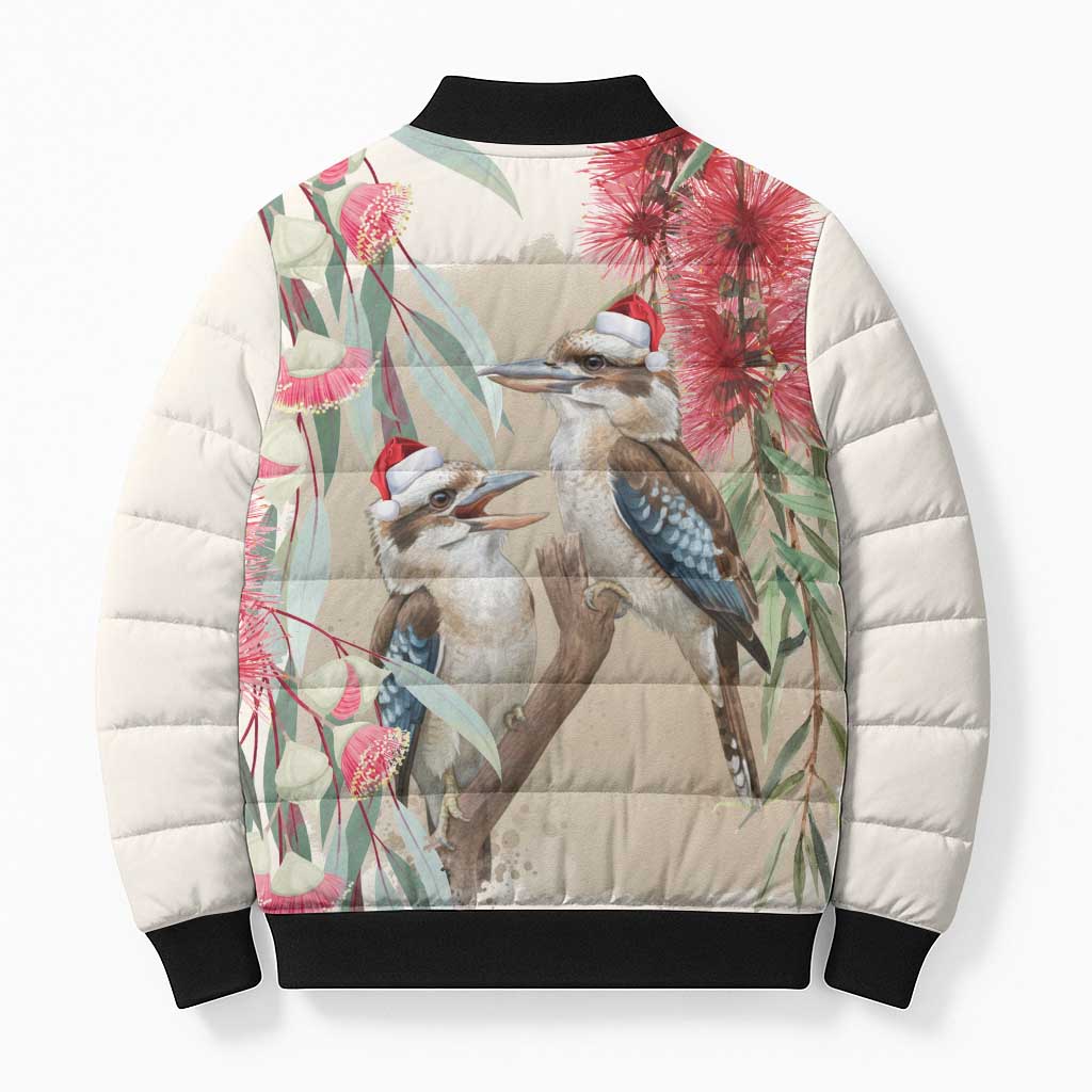 Australia Kookaburra Christmas Bomber Puffer Jacket Bottlebrush Eucalyptus Blossoms Watercolor - Aussie Hoodie