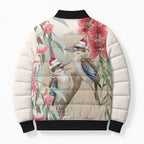 Australia Kookaburra Christmas Bomber Puffer Jacket Bottlebrush Eucalyptus Blossoms Watercolor - Aussie Hoodie