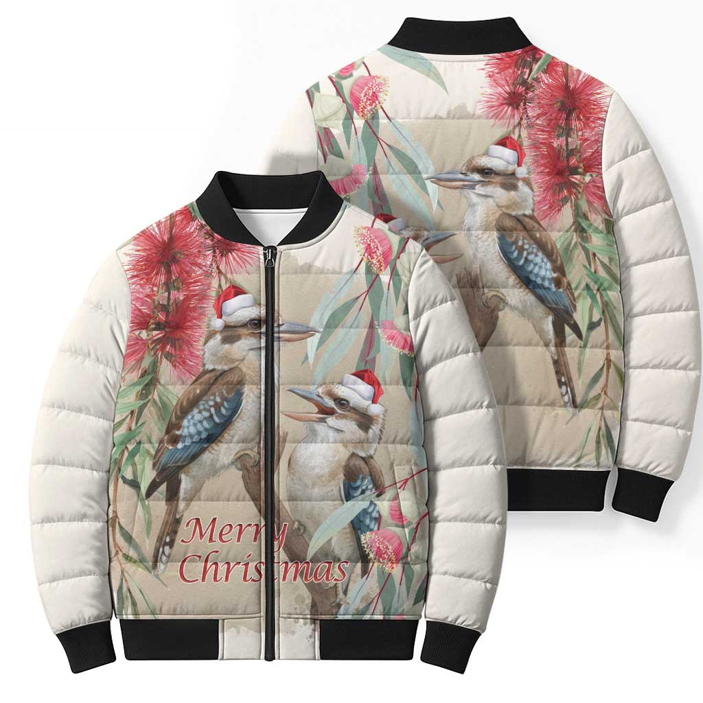 Australia Kookaburra Christmas Bomber Puffer Jacket Bottlebrush Eucalyptus Blossoms Watercolor - Aussie Hoodie