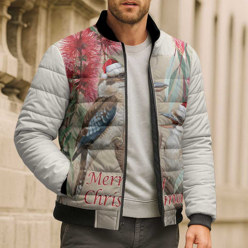 Australia Kookaburra Christmas Bomber Puffer Jacket Bottlebrush Eucalyptus Blossoms Watercolor - Aussie Hoodie