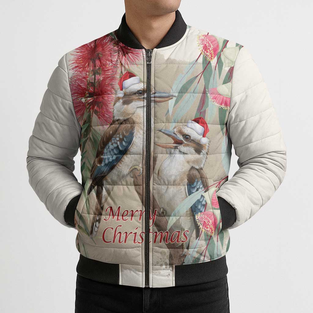 Australia Kookaburra Christmas Bomber Puffer Jacket Bottlebrush Eucalyptus Blossoms Watercolor - Aussie Hoodie