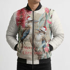 Australia Kookaburra Christmas Bomber Puffer Jacket Bottlebrush Eucalyptus Blossoms Watercolor - Aussie Hoodie