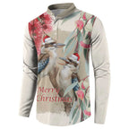 Australia Kookaburra Christmas Button Sweatshirt Bottlebrush Eucalyptus Blossoms Watercolor - Aussie Hoodie
