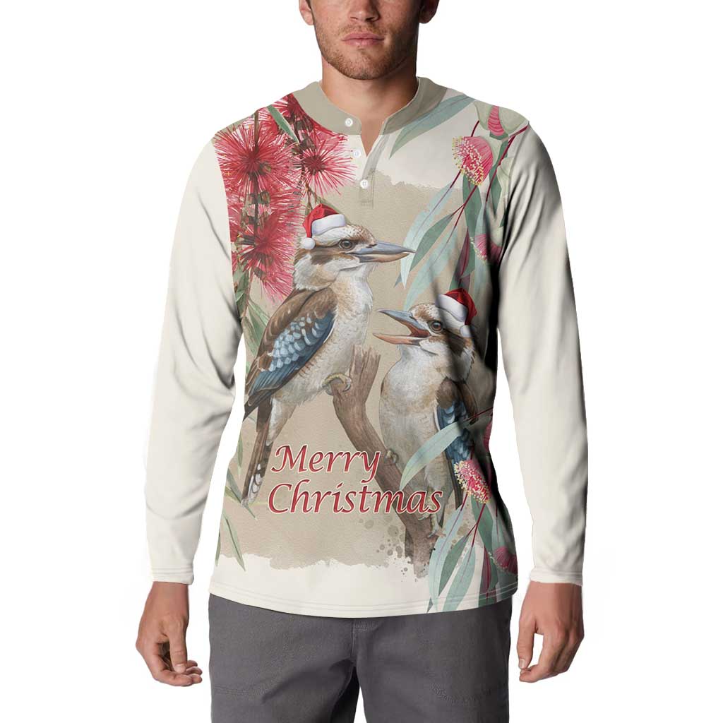 Australia Kookaburra Christmas Button Sweatshirt Bottlebrush Eucalyptus Blossoms Watercolor - Aussie Hoodie
