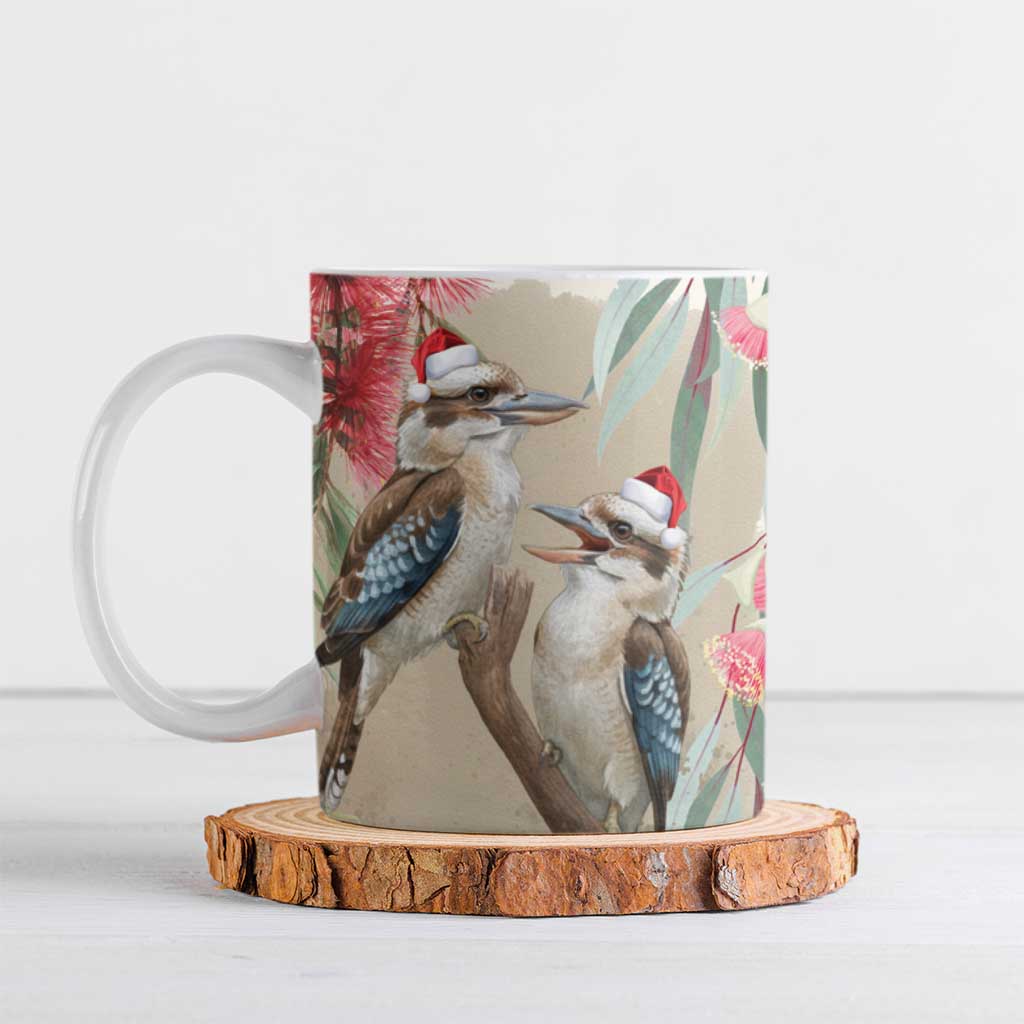 Australia Kookaburra Christmas Ceramic Mug Bottlebrush Eucalyptus Blossoms Watercolor - Aussie Hoodie