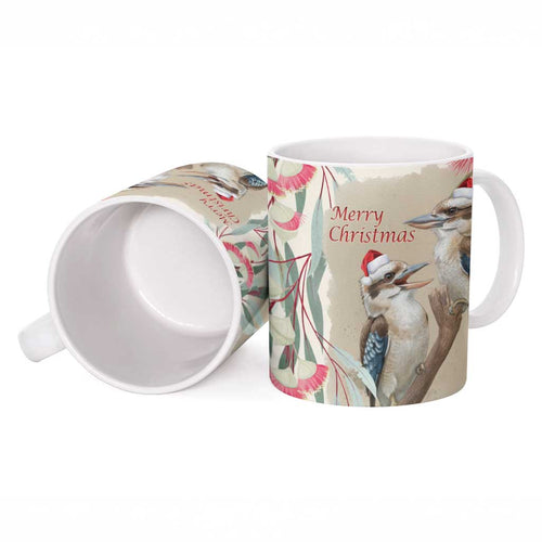 Australia Kookaburra Christmas Ceramic Mug Bottlebrush Eucalyptus Blossoms Watercolor - Aussie Hoodie