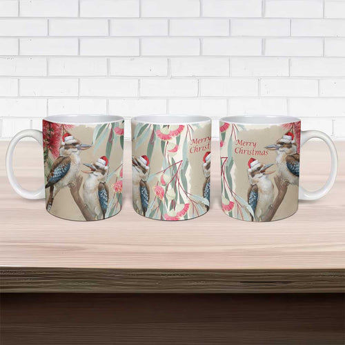 Australia Kookaburra Christmas Ceramic Mug Bottlebrush Eucalyptus Blossoms Watercolor - Aussie Hoodie