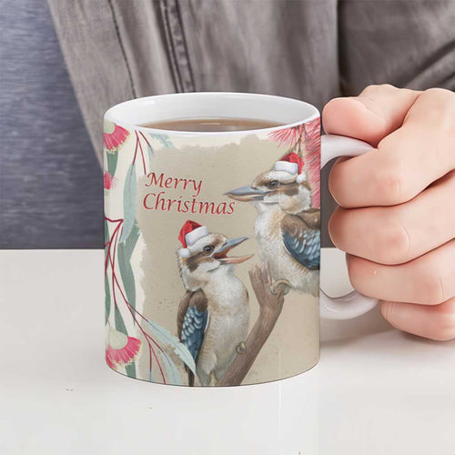 Australia Kookaburra Christmas Ceramic Mug Bottlebrush Eucalyptus Blossoms Watercolor - Aussie Hoodie