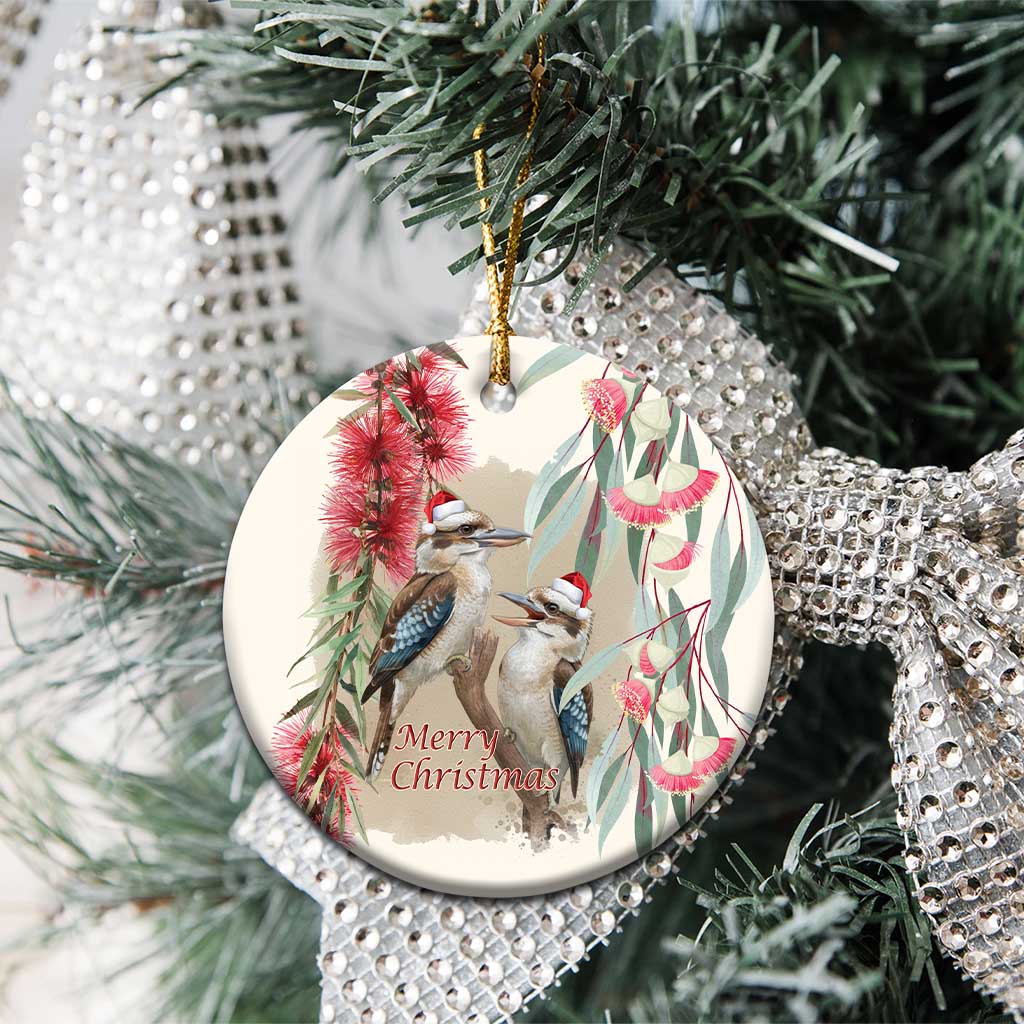 Australia Kookaburra Christmas Ceramic Ornament Bottlebrush Eucalyptus Blossoms Watercolor - Aussie Hoodie