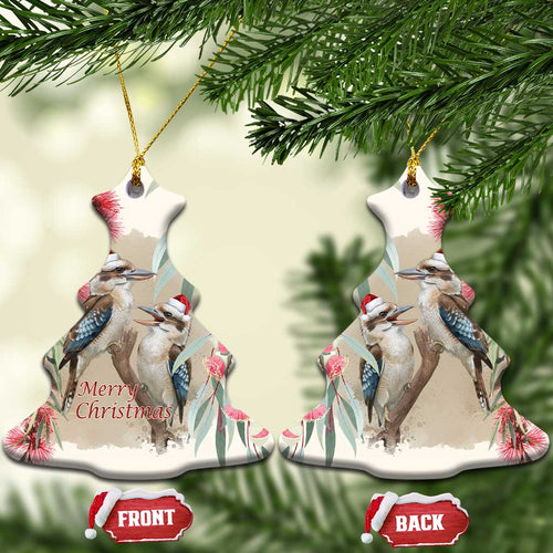 Australia Kookaburra Christmas Ceramic Ornament Bottlebrush Eucalyptus Blossoms Watercolor - Aussie Hoodie