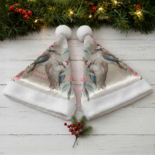 Australia Kookaburra Christmas Santa Hat Bottlebrush Eucalyptus Blossoms Watercolor - Aussie Hoodie