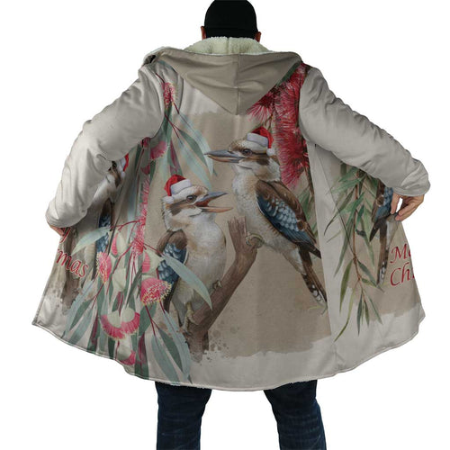 Australia Kookaburra Christmas Cloak Bottlebrush Eucalyptus Blossoms Watercolor - Aussie Hoodie