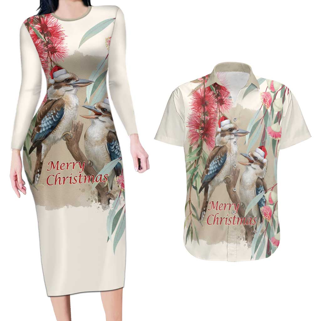 Australia Kookaburra Christmas Couples Matching Long Sleeve Bodycon Dress and Hawaiian Shirt Bottlebrush Eucalyptus Blossoms Watercolor - Aussie Hoodie