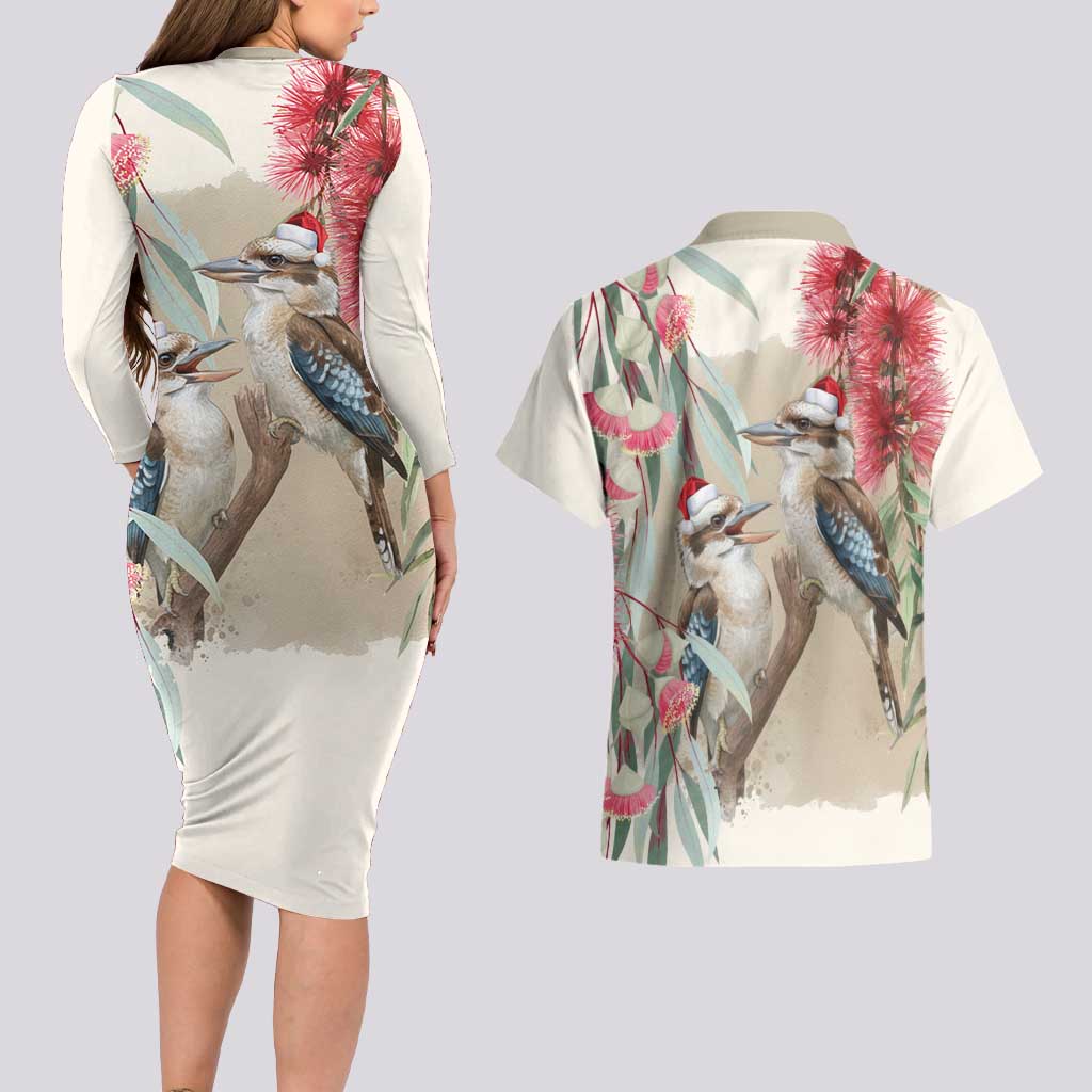 Australia Kookaburra Christmas Couples Matching Long Sleeve Bodycon Dress and Hawaiian Shirt Bottlebrush Eucalyptus Blossoms Watercolor - Aussie Hoodie